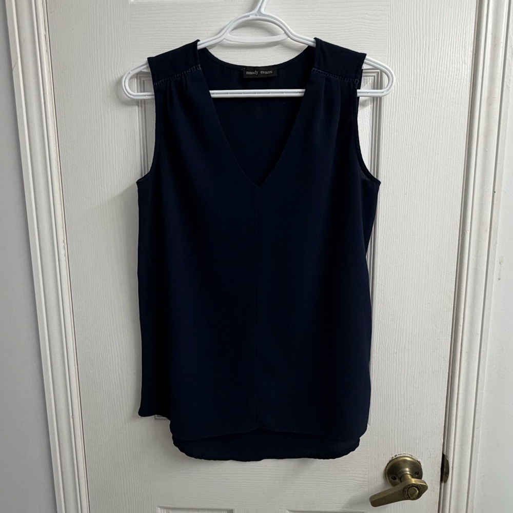 Mandy Evans Navy Sleeveless V-Neck Blouse Women's XS Business Casual Stretch Top